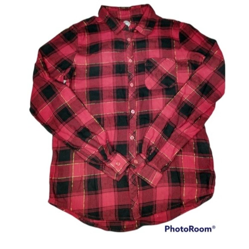 Wonder Nation | Junior Red, Black, Gold Plaid Button Up Shirt | Junior 1…